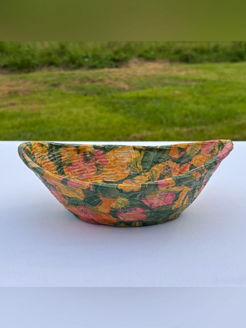 Vtg Handmade Decoupage Woven Basket Floral Catchall Bowl Pink Yellow Cottagecore